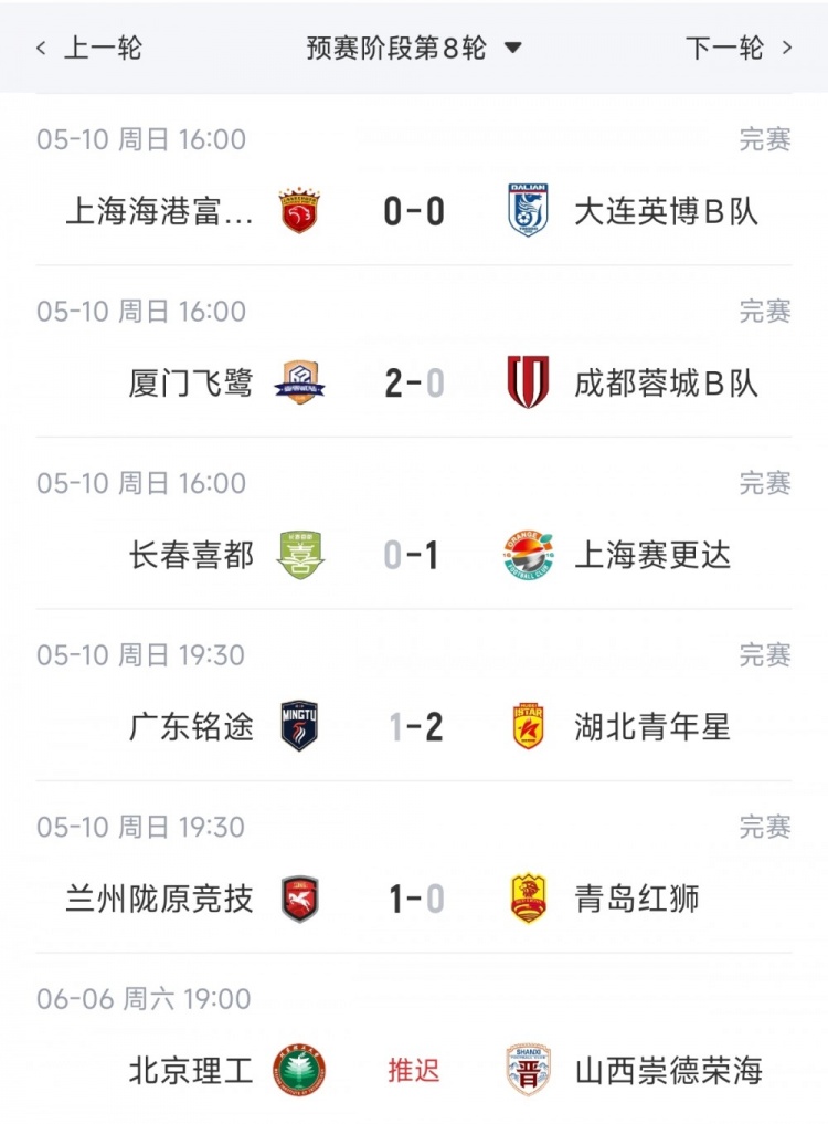 海港B队0-0闷平仍扩大北区领跑优势至4分 湖北青年星逆转登顶南区