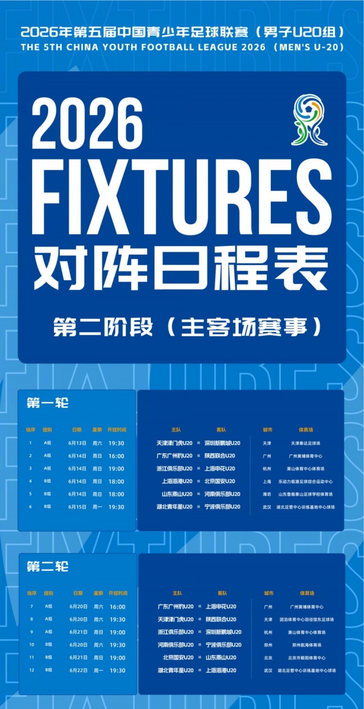 北京国安U20第二阶段主客场赛程公布，抖音全程直播