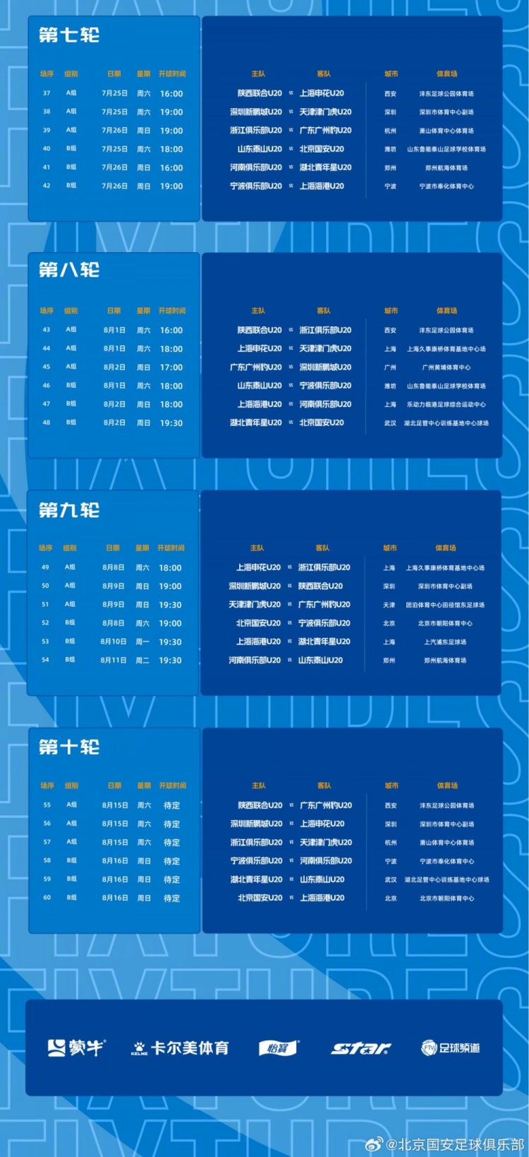 北京国安U20第二阶段主客场赛程公布，抖音全程直播