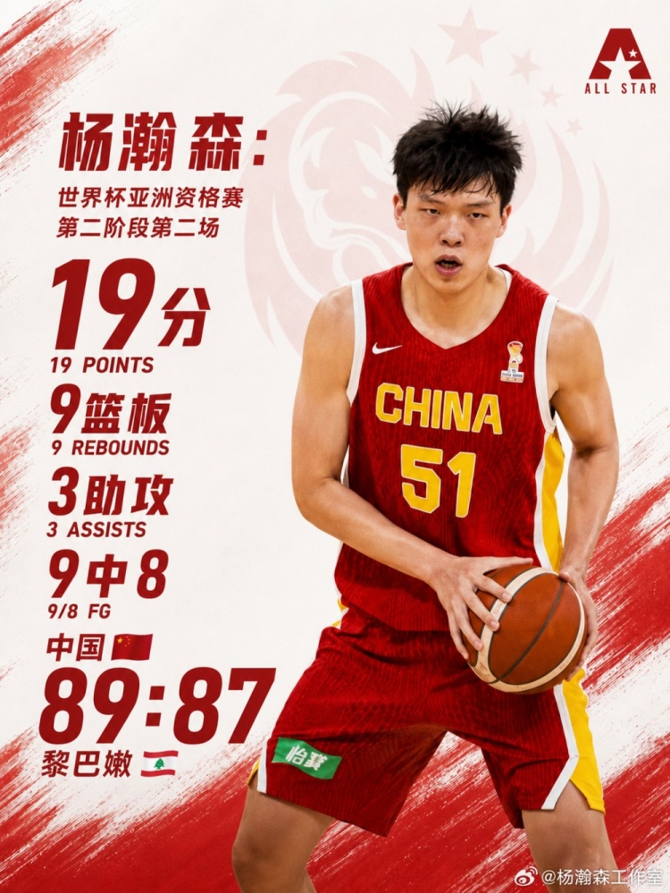 19分9板3助准绝杀!杨瀚森工作室:高效输出 用扎实表现扛起禁区